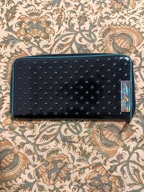 Mandarina Duck Navy & Teal Patent Studded Zip Wallet with Iridescent Logo Tab